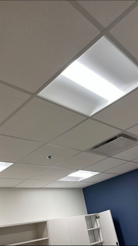 Finished office with acoustic ceiling, lighting and painted accent wall